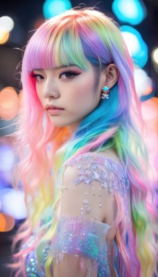 1girl,solo,long hair,looking at viewer,bangs,blonde hair,dress,bare shoulders,jewelry,closed mouth,upper body,pink hair,multicolored hair,earrings,artist name,blunt bangs,blurry,black eyes,from side,lips,see-through,looking to the side,eyelashes,gradient hair,makeup,depth of field,blurry background,watermark,web address,eyeshadow,realistic,nose,eyeliner,bokeh,colorful,mascara,rainbow hair,brown eyes,blue hair,green hair,two-tone hair,aqua hair,wavy hair,lipstick,lens flare