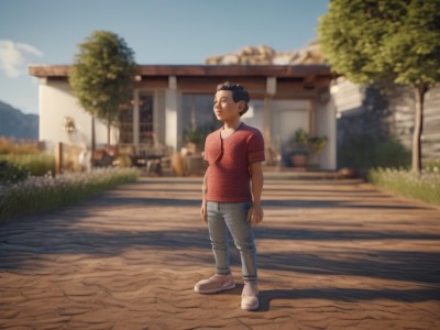 solo,short hair,shirt,black hair,1boy,standing,full body,short sleeves,male focus,outdoors,sky,shoes,day,pants,blurry,black eyes,tree,blue sky,depth of field,blurry background,denim,t-shirt,building,red shirt,child,jeans,arms at sides,male child,grey pants,house,cloud,shadow,grass,sneakers,realistic,road,bench,bush,very short hair