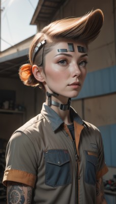 1girl,solo,looking at viewer,short hair,blonde hair,brown hair,shirt,upper body,short sleeves,parted lips,choker,artist name,hair bun,blurry,collar,lips,grey eyes,tattoo,blurry background,single hair bun,thick eyebrows,zipper,freckles,pocket,realistic,nose,breast pocket,blue eyes,jewelry,jacket,earrings,outdoors,day,collared shirt,eyelashes,black choker,denim,bandaid,mohawk,denim jacket