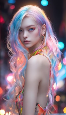 1girl,solo,long hair,breasts,looking at viewer,bangs,blue eyes,dress,bare shoulders,jewelry,closed mouth,blue hair,upper body,pink hair,multicolored hair,earrings,small breasts,sleeveless,artist name,blurry,from side,two-tone hair,lips,eyelashes,makeup,depth of field,blurry background,wavy hair,piercing,eyeshadow,freckles,realistic,nose,bokeh,mascara,white hair,mole,streaked hair,looking to the side,watermark,web address