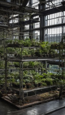 outdoors,day,indoors,tree,no humans,window,plant,building,scenery,stairs,potted plant,ruins,moss,railroad tracks,overgrown