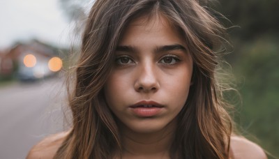 1girl,solo,long hair,looking at viewer,brown hair,brown eyes,parted lips,teeth,blurry,lips,depth of field,blurry background,messy hair,portrait,freckles,realistic,nose,outdoors,choker,day,motor vehicle,close-up