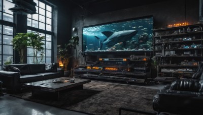 indoors,tree,no humans,window,chair,table,plant,scenery,couch,fish,science fiction,potted plant,lamp,television,monitor,shark,whale,aquarium,light