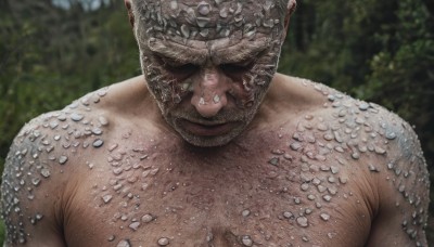 solo,looking at viewer,1boy,closed mouth,upper body,male focus,outdoors,day,blurry,blurry background,helmet,nature,facing viewer,forest,realistic,scales,chest hair,photo background,closed eyes,nude,muscular,facial hair,pectorals,muscular male,bara,close-up