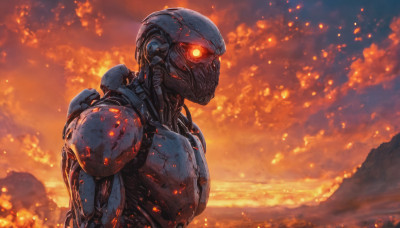 solo, 1boy, upper body, sky, glowing, helmet, fire, robot, glowing eyes, science fiction, glowing eye, embers