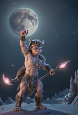 solo,short hair,black hair,1boy,navel,holding,jewelry,nipples,standing,tail,full body,male focus,outdoors,horns,sky,pointy ears,stomach,arm up,muscular,night,facial hair,abs,moon,pectorals,muscular male,staff,star (sky),night sky,bara,pelvic curtain,full moon,starry sky,large pectorals,topless male,holding staff,bare pectorals,loincloth,looking at viewer,smile,blue eyes,brown hair,weapon,thighs,fang,armpits,holding weapon,thick thighs,furry,snow,sideburns,mature male,fake horns,toned male,chest hair,navel hair,tusks