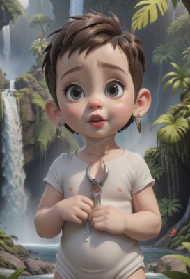 1girl,solo,looking at viewer,short hair,open mouth,brown hair,shirt,1boy,holding,jewelry,nipples,white shirt,short sleeves,male focus,earrings,outdoors,parted lips,teeth,choker,day,water,black eyes,flat chest,covered nipples,tree,lips,wet,see-through,loli,bottomless,knife,t-shirt,child,wet clothes,nature,forest,freckles,fish,shota,wet shirt,male child,river,waterfall,blush,brown eyes,rock,realistic