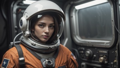 1girl,solo,looking at viewer,short hair,brown hair,brown eyes,upper body,parted lips,signature,blurry,lips,blurry background,helmet,portrait,science fiction,realistic,nose,space,spacesuit,cockpit,pilot,space helmet,astronaut,freckles,reflection,emblem,planet,american flag,spacecraft