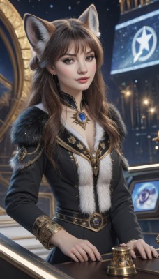 1girl,solo,long hair,breasts,looking at viewer,smile,bangs,brown hair,long sleeves,animal ears,cleavage,brown eyes,jewelry,jacket,earrings,indoors,cat ears,necklace,mole,blurry,lips,black jacket,animal ear fluff,fur trim,fox ears,bell,blurry background,brooch,gem,fur collar,dress,medium breasts,artist name,black dress,window,extra ears,realistic