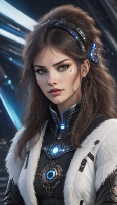 1girl,solo,long hair,looking at viewer,brown hair,brown eyes,jewelry,jacket,upper body,hairband,parted lips,open clothes,blurry,lips,coat,fur trim,makeup,blurry background,headgear,freckles,science fiction,realistic,nose,breasts,bangs,hair ornament,earrings,artist name,mole,open jacket,parted bangs,bodysuit,facial mark,neon trim