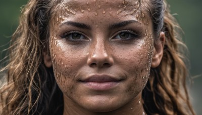 1girl,solo,long hair,looking at viewer,smile,blonde hair,brown hair,1boy,twintails,brown eyes,closed mouth,male focus,blurry,lips,wet,blurry background,portrait,close-up,freckles,realistic,nose,facial hair,dirty