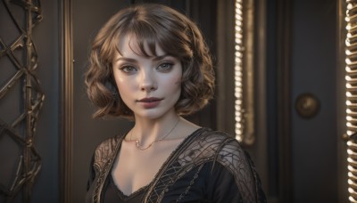 1girl,solo,breasts,looking at viewer,smile,short hair,bangs,brown hair,dress,cleavage,brown eyes,jewelry,closed mouth,collarbone,upper body,indoors,necklace,blurry,black dress,lips,eyelashes,freckles,curly hair,realistic,nose,door,green eyes,makeup,portrait,red lips