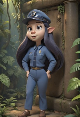 1girl,solo,long hair,smile,open mouth,shirt,black hair,long sleeves,hat,brown eyes,standing,full body,necktie,shoes,teeth,pointy ears,collared shirt,belt,pants,uniform,brown footwear,blue shirt,peaked cap,blue headwear,pocket,hands on hips,blue necktie,blue pants,breast pocket,police,police uniform,policewoman,police hat,yordle,outdoors,parted lips,lips,plant,brown belt