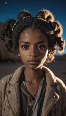 1girl,solo,looking at viewer,brown hair,shirt,black hair,twintails,brown eyes,jewelry,closed mouth,collarbone,jacket,upper body,earrings,outdoors,sky,day,dark skin,necklace,blurry,black eyes,dark-skinned female,lips,coat,eyelashes,blurry background,freckles,curly hair,brown jacket,realistic,nose,very dark skin,desert,dreadlocks,night,depth of field,star (sky),night sky,backlighting