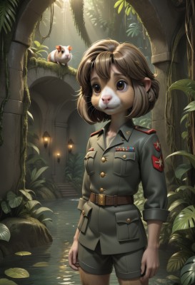 1girl,solo,smile,short hair,bangs,brown hair,long sleeves,brown eyes,closed mouth,standing,jacket,outdoors,shorts,day,pointy ears,belt,water,uniform,tree,military,military uniform,bird,animal,leaf,black shorts,sunlight,plant,nature,furry,buckle,wading,forest,pocket,light rays,belt buckle,furry female,arms at sides,brown belt,breast pocket,sunbeam,moss,breasts,shirt,animal ears,cowboy shot,small breasts,lips,short shorts,buttons,watermark,wing collar,sleeves rolled up,epaulettes,green jacket,green shorts,pillar,military jacket,whiskers,collared jacket,church,arch,pond,foliage