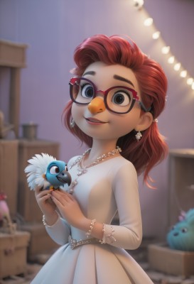 1girl,solo,long hair,looking at viewer,smile,blue eyes,brown hair,hair ornament,long sleeves,dress,holding,jewelry,flower,red hair,earrings,small breasts,glasses,artist name,indoors,necklace,white dress,blurry,black eyes,bracelet,lips,see-through,makeup,depth of field,blurry background,bird,animal,stuffed toy,child,freckles,red-framed eyewear,beads,round eyewear,female child,holding animal,shelf,pearl necklace,open mouth,aged down,character doll,toy