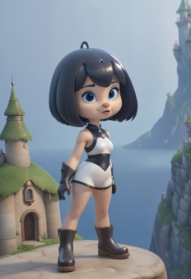 1girl,solo,breasts,looking at viewer,smile,short hair,bangs,blue eyes,black hair,gloves,bare shoulders,standing,full body,ahoge,small breasts,boots,outdoors,parted lips,sky,shorts,sleeveless,day,black gloves,water,chibi,black footwear,blue sky,lips,bob cut,building