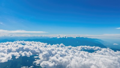 monochrome,outdoors,sky,day,cloud,blue sky,no humans,bird,ocean,cloudy sky,scenery,blue theme,mountain,horizon,landscape,above clouds,water