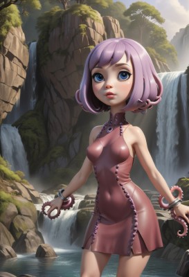 1girl,solo,breasts,looking at viewer,short hair,blue eyes,dress,bare shoulders,jewelry,medium breasts,standing,pink hair,purple hair,cowboy shot,small breasts,outdoors,parted lips,sky,sleeveless,day,water,bracelet,tree,lips,covered navel,makeup,sleeveless dress,short dress,sunlight,bob cut,lipstick,pink dress,nature,skin tight,tentacles,wading,rock,river,waterfall,blush,bangs,holding,closed mouth,shiny,necklace,covered nipples,eyelashes,watermark,child,web address,shiny clothes,pink lips,realistic,nose,mask removed