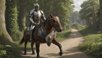 solo,1boy,male focus,boots,outdoors,day,armor,tree,animal,sunlight,helmet,grass,plant,shoulder armor,gauntlets,nature,scenery,1other,forest,pauldrons,breastplate,riding,horse,knight,full armor,path,horseback riding,plate armor,reins,saddle,holding,weapon,sky,cloud,shield,fantasy,vambraces,armored boots,bush,greaves,ambiguous gender,helm