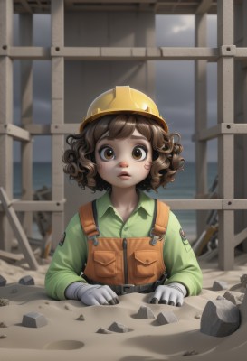 1girl,solo,looking at viewer,short hair,brown hair,shirt,gloves,long sleeves,brown eyes,upper body,outdoors,parted lips,collared shirt,white gloves,medium hair,vest,lips,helmet,messy hair,black nails,curly hair,pocket,rock,green shirt,overalls,breast pocket,dirty,grey gloves,dirty face,hardhat,wavy hair,wide-eyed