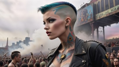 1girl,breasts,short hair,blue eyes,cleavage,jewelry,medium breasts,blue hair,jacket,upper body,multicolored hair,earrings,outdoors,parted lips,green hair,open clothes,solo focus,cloud,necklace,blurry,lips,black jacket,aqua hair,tattoo,makeup,piercing,lipstick,eyeshadow,smoke,freckles,6+boys,realistic,nose,red lips,eyeliner,very short hair,leather,undercut,badge,chest tattoo,crowd,leather jacket,mascara,mohawk,neck tattoo,people,underwear,multiple boys,bra,mole,ear piercing,eyebrow piercing