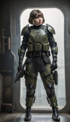 1girl,solo,short hair,brown hair,gloves,holding,brown eyes,standing,full body,weapon,boots,black gloves,pants,black footwear,holding weapon,armor,lips,gun,looking to the side,military,holding gun,rifle,handgun,science fiction,pouch,realistic,assault rifle,holster,knee pads,bulletproof vest,body armor,window,bodysuit,bob cut,shoulder pads,thigh holster