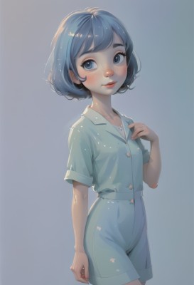 1girl,solo,looking at viewer,blush,smile,short hair,bangs,blue eyes,simple background,shirt,closed mouth,blue hair,standing,short sleeves,cowboy shot,shorts,hand up,grey background,lips,buttons,blue background,blue shirt,hand on own chest,child,freckles,arm at side,blue shorts,pajamas,female child,body freckles,collarbone,shiny,collared shirt,gradient,gradient background,eyelashes