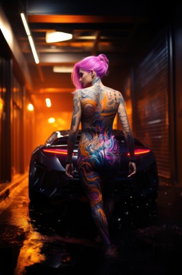 1girl,solo,looking at viewer,short hair,gloves,jewelry,standing,full body,pink hair,ass,nude,earrings,looking back,fingerless gloves,hair bun,from behind,blurry,lips,bodysuit,tattoo,makeup,back,piercing,single hair bun,ground vehicle,motor vehicle,car,lamppost,back tattoo,full-body tattoo,long hair,breasts,ponytail,purple hair,multicolored hair,alternate costume,indoors,alternate hairstyle,glowing,topless,lipstick,hair over shoulder,skin tight,eyeshadow,reflection,asymmetrical hair,nose,undercut,motorcycle,neon trim,updo,cyberpunk,neon lights