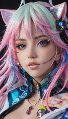 1girl,solo,long hair,breasts,looking at viewer,bangs,blue eyes,hair ornament,animal ears,cleavage,jewelry,blue hair,pink hair,multicolored hair,parted lips,teeth,artist name,cat ears,necklace,nail polish,two-tone hair,lips,fingernails,animal ear fluff,eyelashes,gradient hair,makeup,black background,gem,portrait,close-up,pendant,eyeshadow,headset,realistic,nose,mascara,earrings,choker,collar,ring,badge