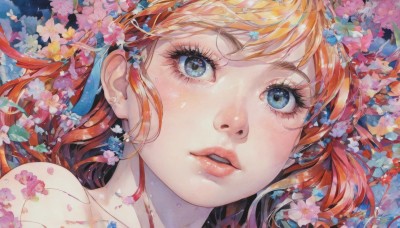 1girl,solo,long hair,looking at viewer,blush,bangs,blue eyes,hair ornament,bare shoulders,jewelry,collarbone,flower,red hair,earrings,parted lips,hair flower,orange hair,lips,eyelashes,looking up,cherry blossoms,portrait,close-up,pink flower,painting (medium),eye focus,open mouth,teeth,traditional media,blue flower,watercolor (medium)