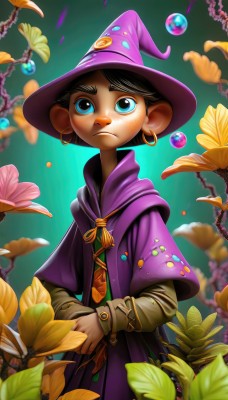 1girl,solo,short hair,blue eyes,brown hair,black hair,long sleeves,1boy,hat,jewelry,closed mouth,standing,flower,male focus,earrings,blurry,capelet,witch hat,frown,leaf,own hands together,looking up,plant,child,purple dress,androgynous,freckles,robe,hoop earrings,yellow flower,witch,purple headwear,wizard hat,purple capelet,looking at viewer,dress,artist name,dark skin,cape,dark-skinned female,thick eyebrows,triforce