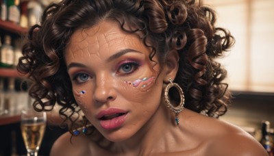 1girl,solo,looking at viewer,blue eyes,brown hair,black hair,jewelry,collarbone,earrings,parted lips,tongue,dark skin,blurry,dark-skinned female,cup,lips,eyelashes,makeup,blurry background,portrait,alcohol,drinking glass,curly hair,hoop earrings,realistic,nose,facepaint,very dark skin,champagne,bare shoulders,bandaid,close-up,eyeshadow,bandaid on face