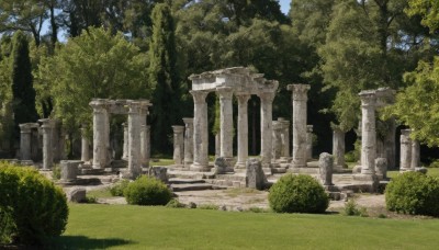 outdoors,sky,day,cloud,tree,blue sky,no humans,traditional media,grass,plant,nature,scenery,forest,bush,ruins,pillar,path,arch,moss,column,statue