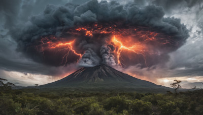 outdoors, sky, cloud, tree, no humans, cloudy sky, nature, scenery, forest, mountain, lightning, landscape