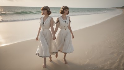 looking at viewer,smile,short hair,bangs,multiple girls,skirt,brown hair,shirt,dress,2girls,bare shoulders,brown eyes,closed mouth,standing,collarbone,full body,closed eyes,short sleeves,hairband,outdoors,barefoot,sleeveless,day,water,white dress,lips,looking to the side,bare arms,sleeveless dress,holding hands,siblings,ocean,beach,sandals,bob cut,walking,twins,sand,arms at sides,shore,footprints,realistic,waves