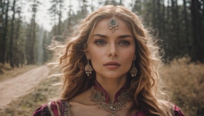 1girl,solo,long hair,looking at viewer,blonde hair,brown hair,dress,brown eyes,jewelry,collarbone,earrings,outdoors,parted lips,day,necklace,blurry,tree,lips,grey eyes,eyelashes,depth of field,blurry background,wavy hair,gem,portrait,nature,forest,curly hair,circlet,realistic,nose,choker