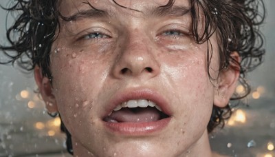 1girl,solo,looking at viewer,short hair,open mouth,blue eyes,brown hair,black hair,1boy,teeth,tongue,blurry,lips,wet,depth of field,blurry background,upper teeth only,portrait,close-up,freckles,realistic,nose,wet hair,bangs,male focus,grey eyes,eyelashes,half-closed eyes,messy hair,rain,water drop