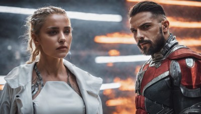 1girl,short hair,blonde hair,brown hair,black hair,1boy,brown eyes,closed mouth,jacket,upper body,dark skin,armor,blurry,lips,bodysuit,tattoo,blurry background,facial hair,beard,science fiction,realistic,undercut,cyborg,dreadlocks,male focus,multiple boys,2boys,mole,scar,mustache,manly,animification