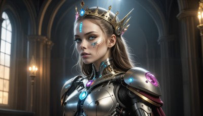 HQ,1girl,solo,long hair,looking at viewer,blue eyes,blonde hair,brown hair,upper body,parted lips,indoors,armor,blurry,lips,window,makeup,blurry background,glowing,facial mark,tiara,crown,shoulder armor,gem,science fiction,realistic,nose,cyborg,breasts,cape,pauldrons