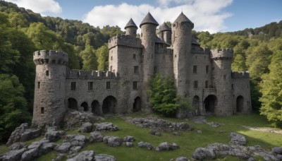 outdoors,sky,day,cloud,tree,blue sky,no humans,cloudy sky,grass,building,nature,scenery,forest,rock,ruins,castle,landscape,path,stone,fantasy,bush,arch