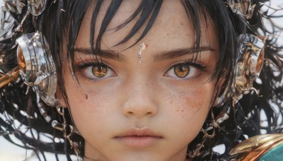 1girl,solo,long hair,looking at viewer,bangs,black hair,white background,brown eyes,jewelry,closed mouth,earrings,lips,orange eyes,eyelashes,headgear,headphones,portrait,close-up,freckles,reflection,realistic,glass,eye focus,brown hair,expressionless,serious,nose