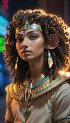 1girl,solo,long hair,looking at viewer,blue eyes,brown hair,black hair,jewelry,closed mouth,upper body,short sleeves,earrings,dark skin,necklace,blurry,black eyes,dark-skinned female,lips,eyelashes,makeup,blurry background,headband,watermark,gem,web address,freckles,curly hair,realistic,nose,neck ring,very dark skin,shirt,brown eyes,lipstick,pendant,headdress,facepaint