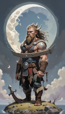 solo,long hair,blonde hair,brown hair,1boy,holding,jewelry,standing,full body,weapon,male focus,earrings,outdoors,horns,sky,pointy ears,belt,pants,sword,cloud,water,holding weapon,armor,tattoo,muscular,night,facial hair,scar,moon,sandals,thick eyebrows,muscular male,crescent,night sky,beard,full moon,rock,mature male,mustache,bracer,arm tattoo,leather,shoulder tattoo,crescent moon,black hair,wind,star (sky),realistic,fantasy,axe