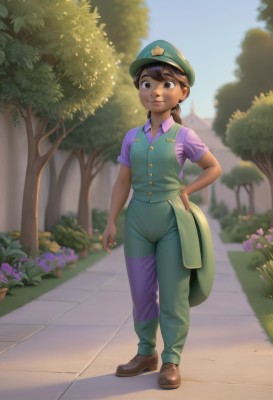 1girl,solo,looking at viewer,smile,short hair,brown hair,shirt,black hair,hat,brown eyes,closed mouth,standing,full body,flower,short sleeves,outdoors,sky,shoes,day,collared shirt,pants,dark skin,blurry,uniform,dark-skinned female,tree,blue sky,hand on hip,military,military uniform,blurry background,brown footwear,child,military hat,green headwear,green shirt,purple flower,purple shirt,female child,overalls,green pants,long hair,ponytail,bush