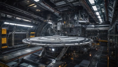 no humans,window,building,scenery,machinery,science fiction,cable,space,spacecraft,lights,cockpit,indoors,realistic,light,planet