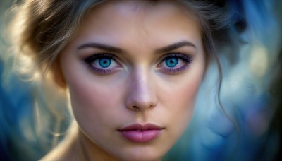 HQ,1girl,solo,looking at viewer,blue eyes,blonde hair,closed mouth,parted lips,blurry,lips,eyelashes,makeup,depth of field,blurry background,portrait,close-up,eyeshadow,freckles,reflection,realistic,nose,mascara,eye focus