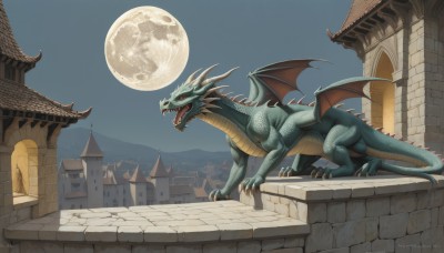 solo,open mouth,red eyes,tail,outdoors,wings,sky,teeth,signature,no humans,night,fangs,moon,sharp teeth,building,night sky,claws,full moon,dragon,scales,architecture,castle,town,east asian architecture