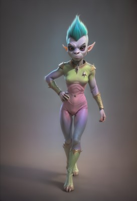 1girl,solo,breasts,looking at viewer,red eyes,jewelry,blue hair,standing,full body,earrings,small breasts,boots,pointy ears,nail polish,armor,covered nipples,fingernails,hand on hip,aqua hair,bodysuit,covered navel,makeup,cameltoe,colored skin,thigh gap,spiked hair,genderswap,skin tight,web address,genderswap (mtf),eyeshadow,sharp fingernails,green skin,short hair,animal ears,multicolored hair,green hair,facial mark,piercing,furry,hoop earrings,furry female,bracer,navel piercing,mohawk