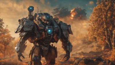 solo,outdoors,sky,cloud,tree,military,no humans,glowing,fire,robot,building,mecha,glowing eyes,forest,smoke,science fiction,mountain,realistic,aircraft,military vehicle,explosion,damaged,open hands,nature,scenery,burning